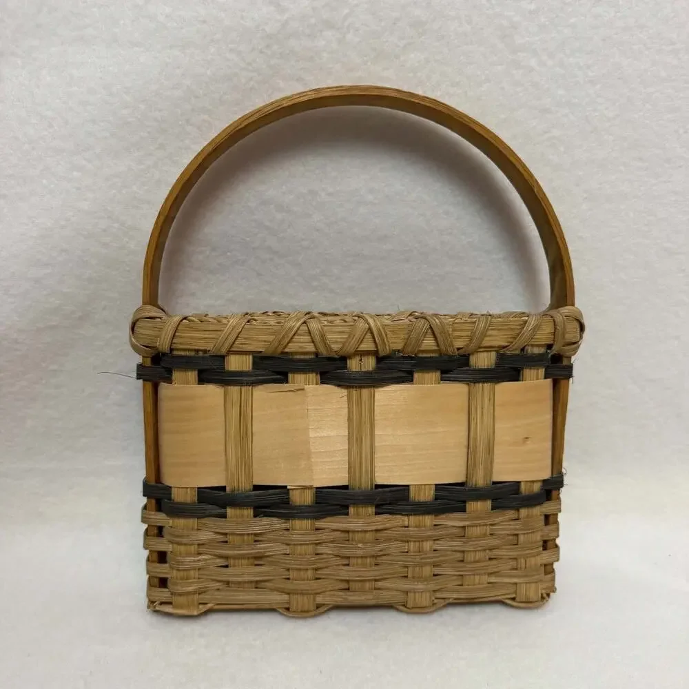 Vintage Hand-Painted Woven Wicker Splint Hanging Basket Floral Cottage Farmhouse